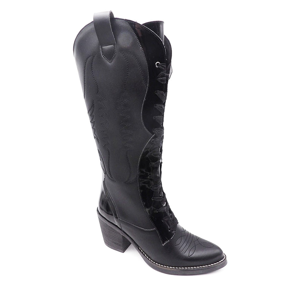 Black patent laced cowboy boot in cactus leather 2184