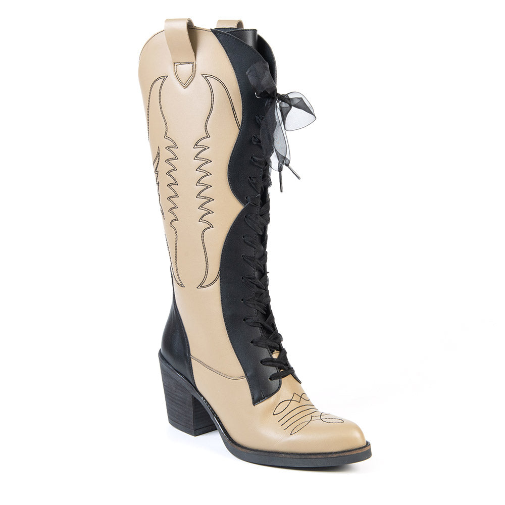 Botte de cowboy lacée beige et noire en cuir de cactus 2184